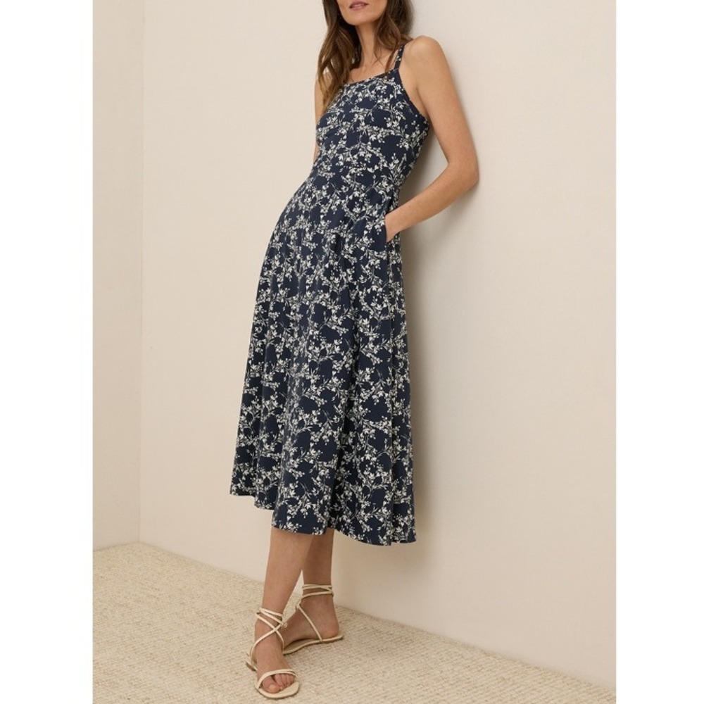 Pact Bouquet Blooms Midnight Blue Organic Fit & Flare Midi Dress Size M NWT - Picture 5 of 12